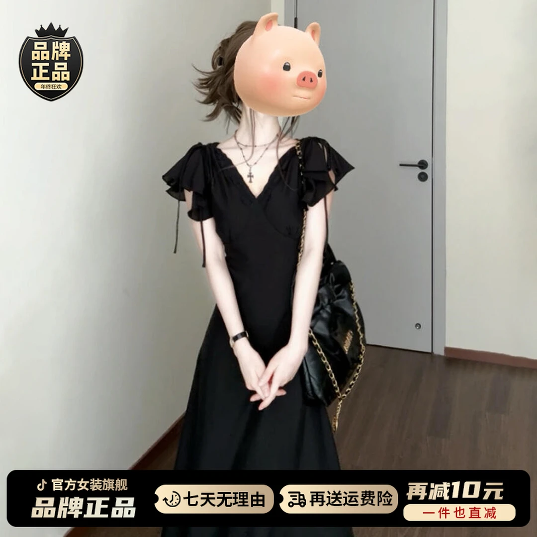 法式赫本风黑色v领连衣裙女夏季2025新款高级感气质收腰显瘦长裙