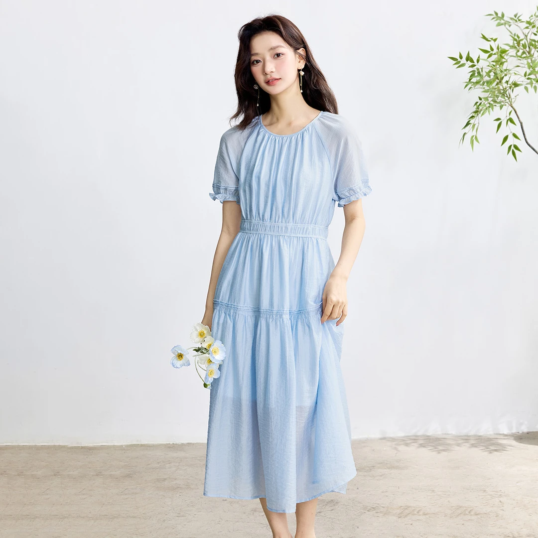 【品牌专柜】茵曼莱赛尔法式欧若风高级感气质A字薄纱裙18528458