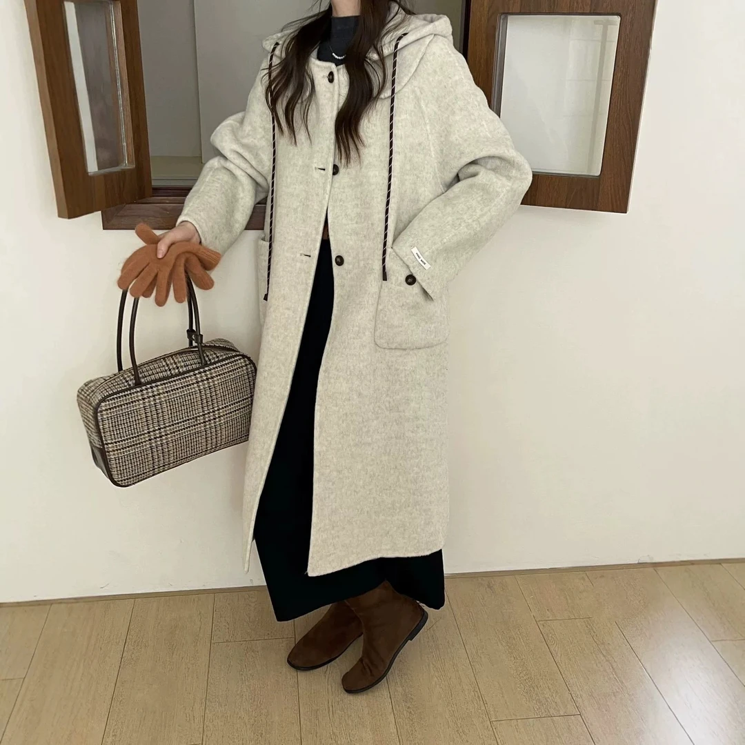 秋冬韩风100毛抽绳连帽长款双面呢纯色休闲百搭女士时尚外套上衣