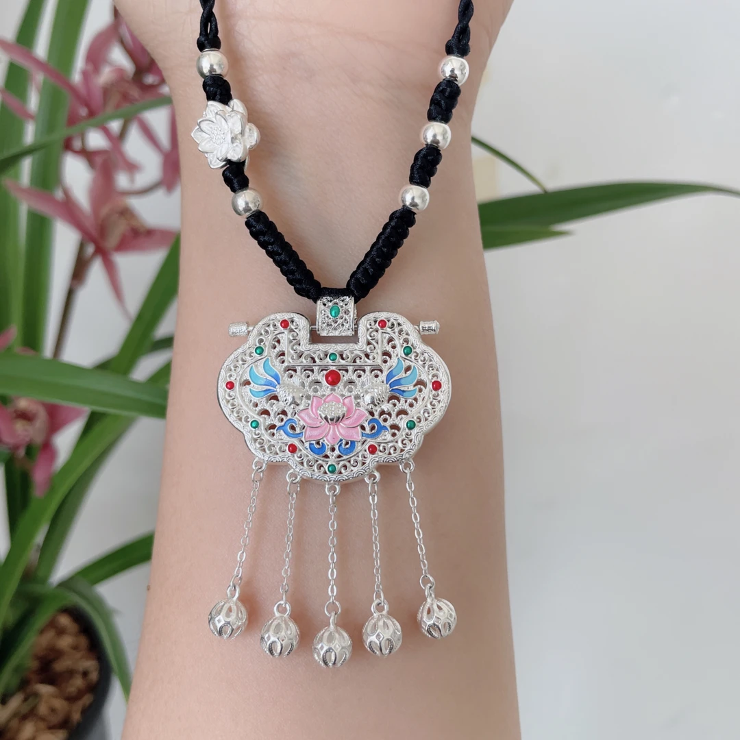 吊坠足银 足银999珐琅彩天子门生如意锁金玉满堂国风烧蓝编织坠链