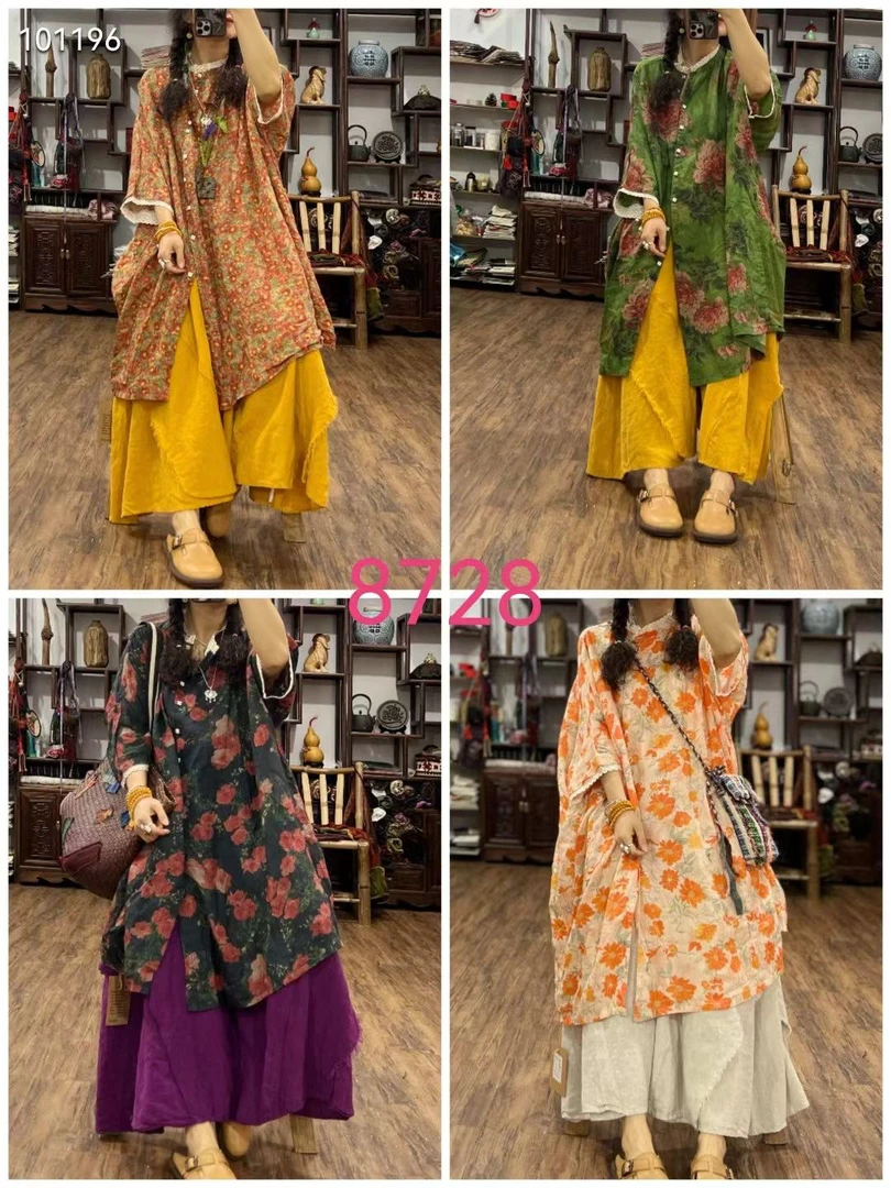 苎麻印花设计感偏襟宽松大袍子文艺气质防晒开衫中长款连衣裙