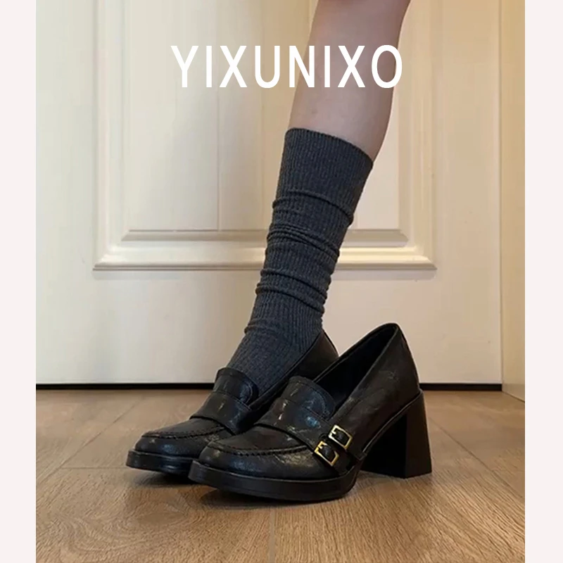 羊皮版~英伦风高跟乐福鞋女一脚蹬复古百搭通勤鞋静音粗跟小皮鞋