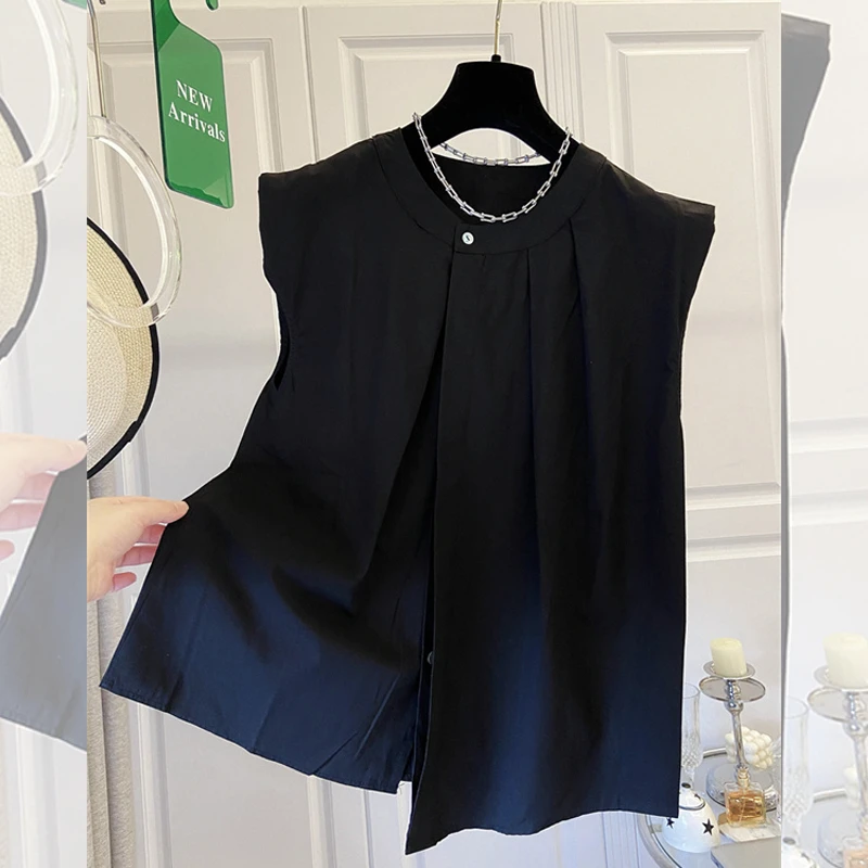 夏季新款纯色无袖衬衫上衣女装胖MM大码宽松遮肚显瘦衬衣百搭气质