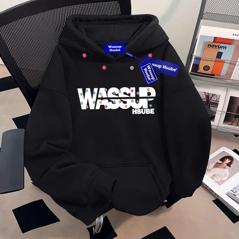 WASSUP HSUBE国潮牌字母印花重磅连帽卫衣慵懒宽松chic上衣情侣装