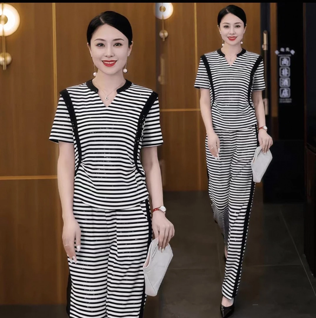 【烫钻工艺】轻职风通勤极简风简约通勤休闲风风时尚条纹套装975