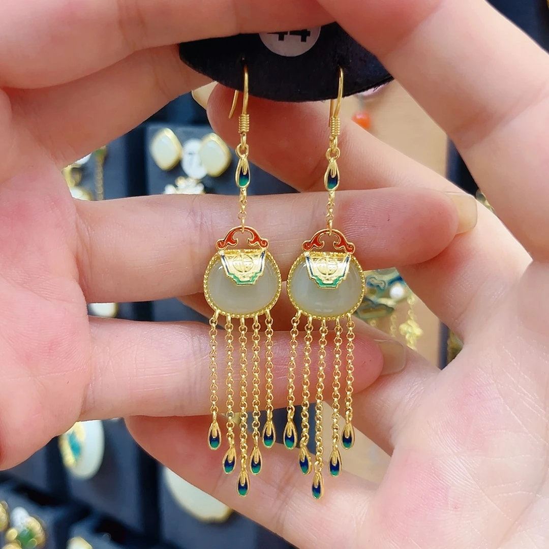 和田玉银S925镀金镶嵌耳饰