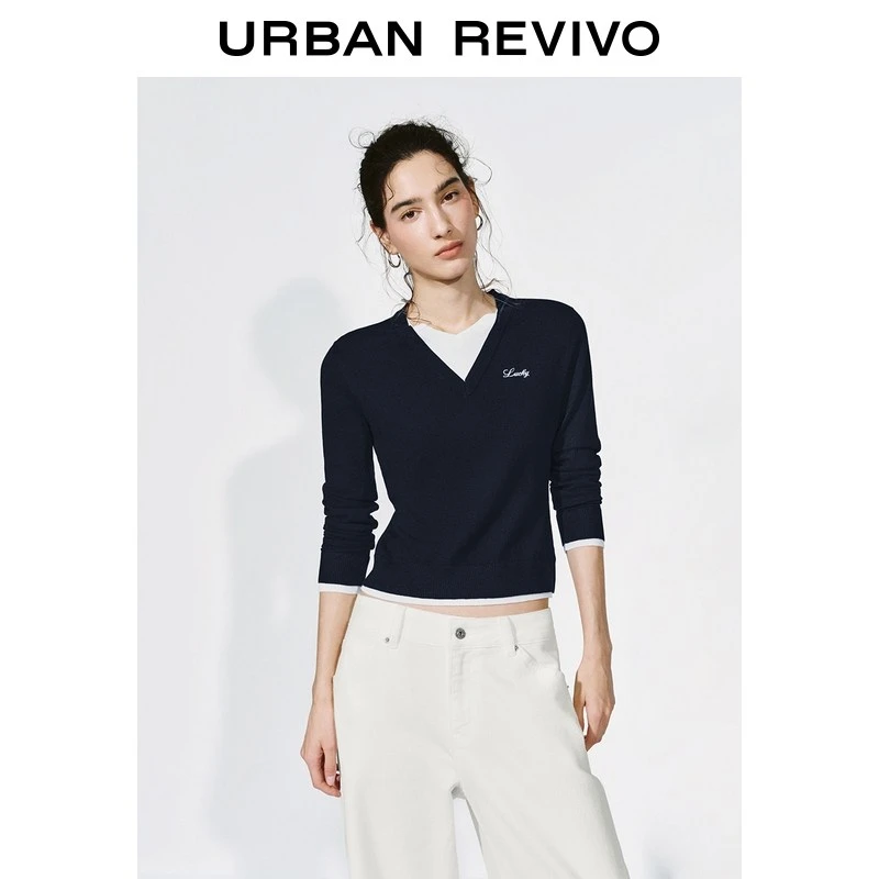 UR2026春季新款女装都市V领撞色边修身短款针织衫UYU960007