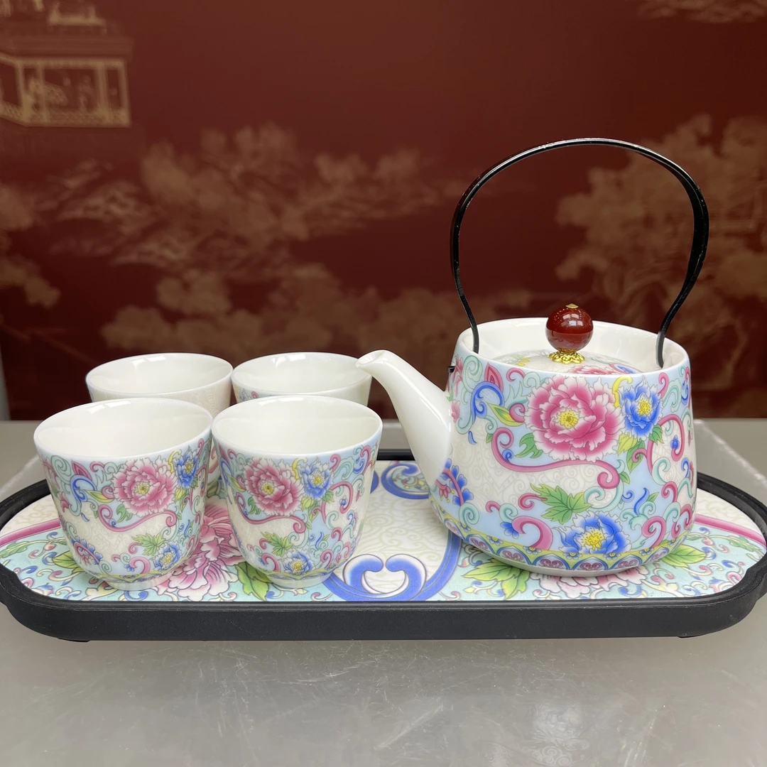白瓷-牵牛花提梁一壶四杯+茶盘@ZHZ283