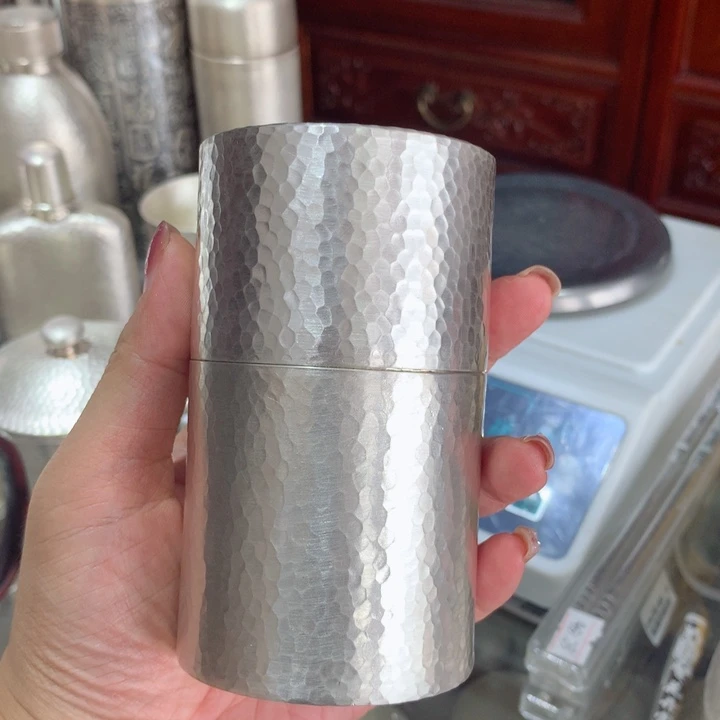 足银999锤纹茶叶罐双盖款