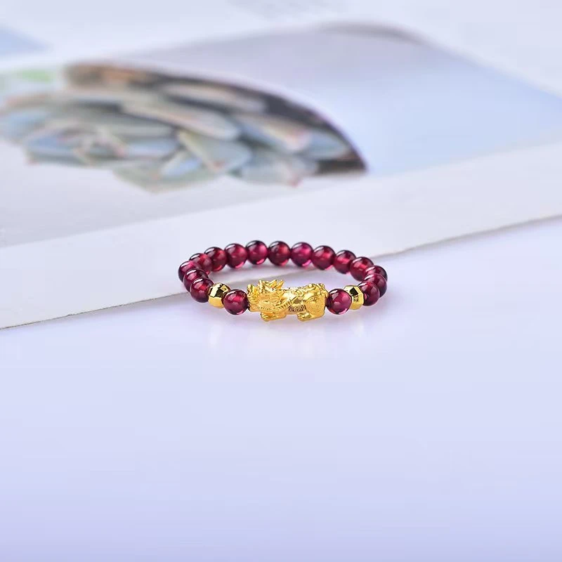 【黄金补贴】足金貔貅搭配天然石榴石女士戒指