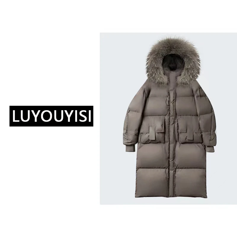 【现货】真貉子毛领连帽加厚羽绒服女宽松长款外套（清仓微瑕不退）