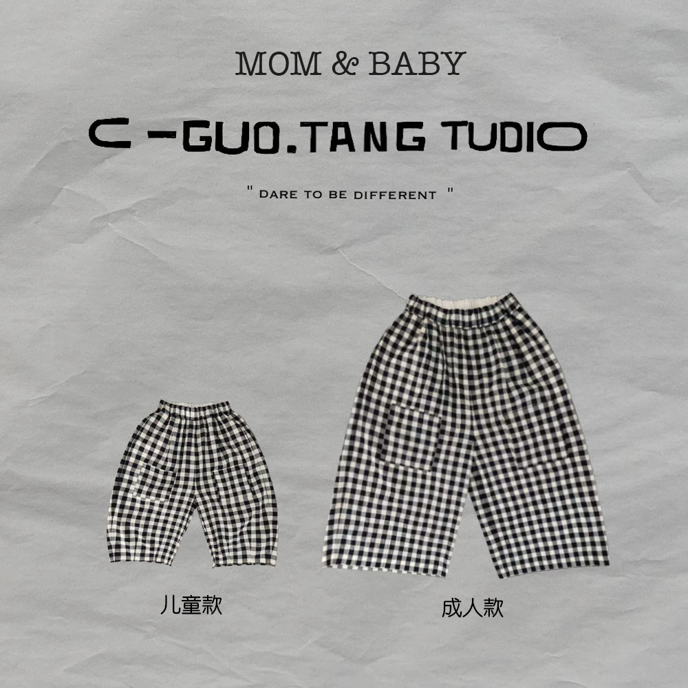 C-Guo.Tang Studio亲子高阶品夏季度假风经典格纹薄款8分阔腿裤