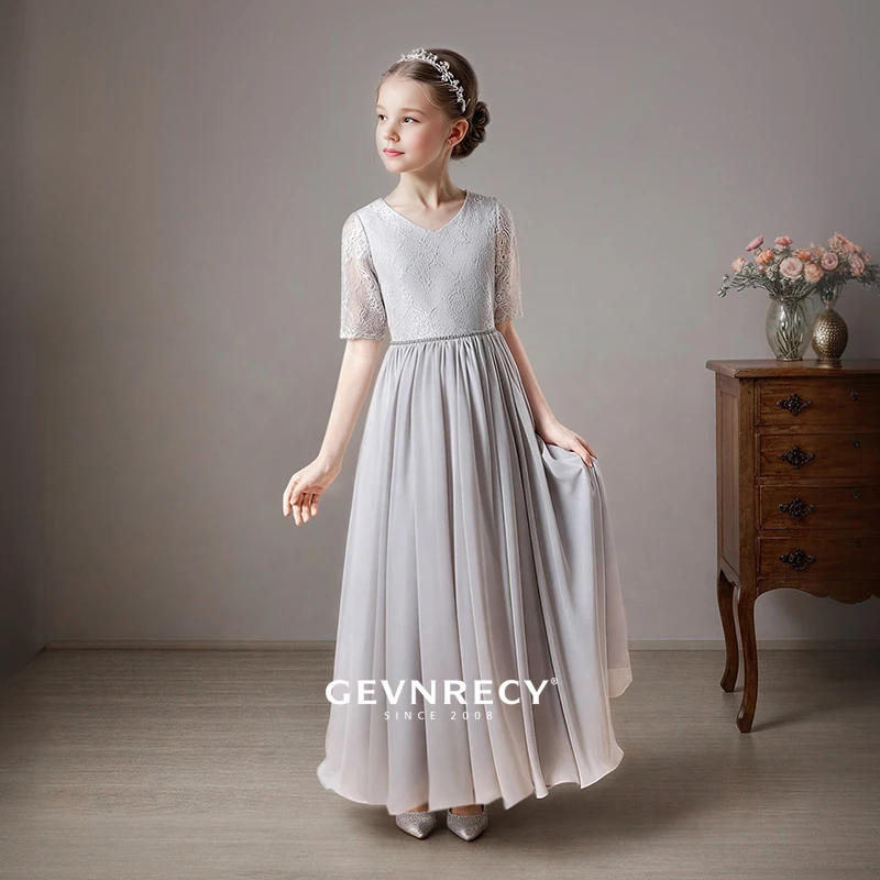 儿童礼服高端轻奢灰色雪纺蕾丝生日公主裙女孩舞台表演钢琴演出服