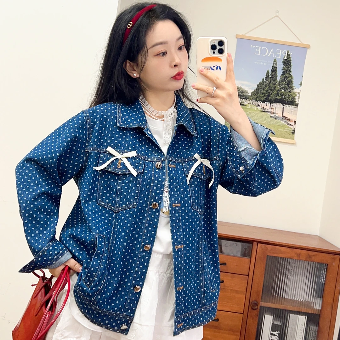 【春季新品】大码百分百显瘦慵懒上衣波点长袖牛仔外套女0474