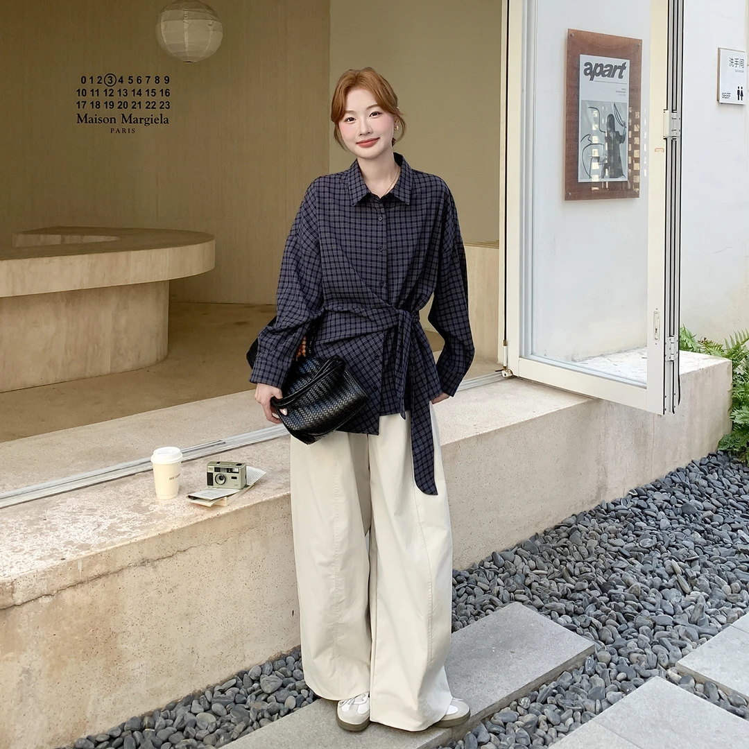 韩系通勤风慵懒高级格子衬衫阔腿裤套装2025秋新款复古温柔两件套