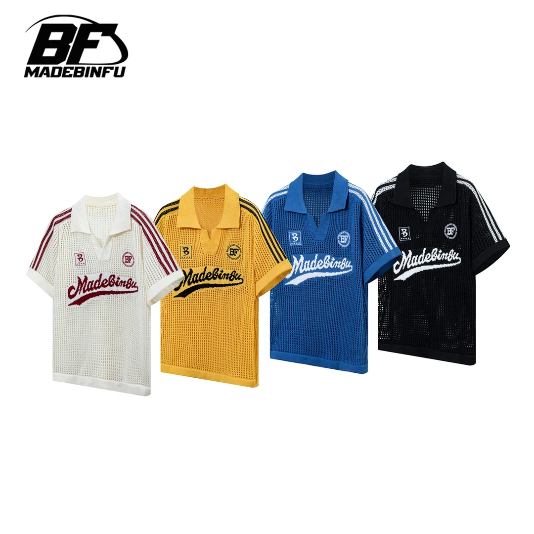 BINFU国潮 夏季设计感镂空网眼设计感美式运动风宽松翻领短袖T恤