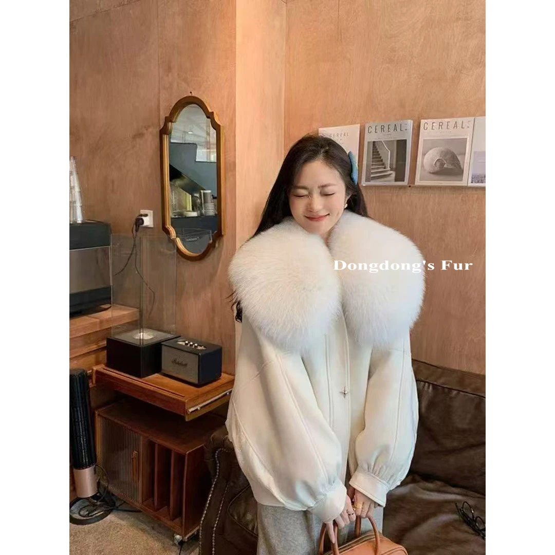 短款保暖真毛方领休闲风冬季女装韩版宽松白色大毛领加厚派克服