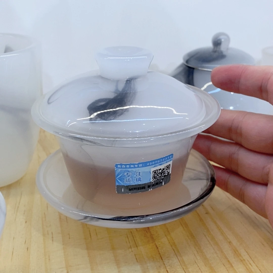 水墨琉璃盖碗一副