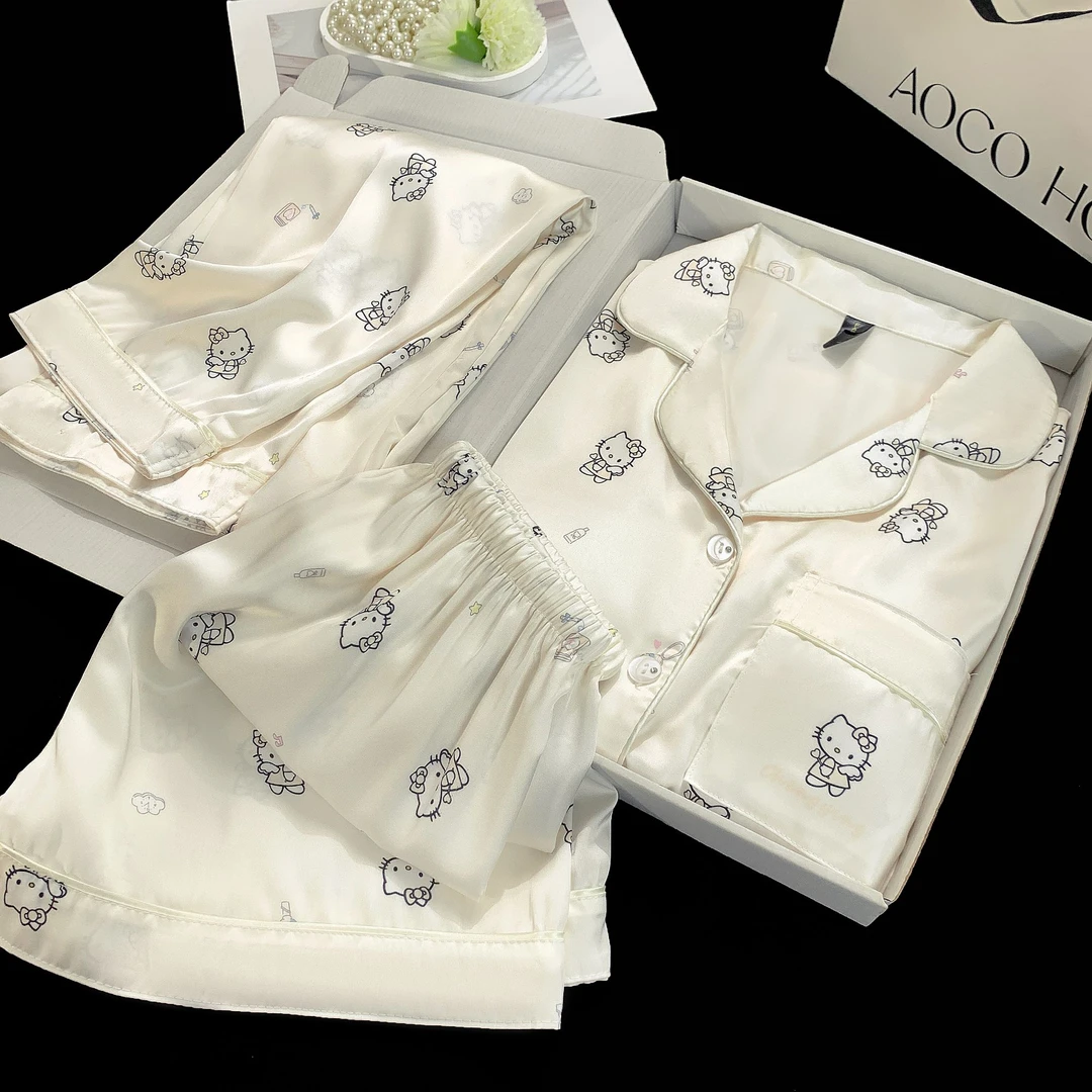 【可爱猫】冰丝短袖带胸垫睡衣女韩版夏薄款三件套可外穿家居服套装