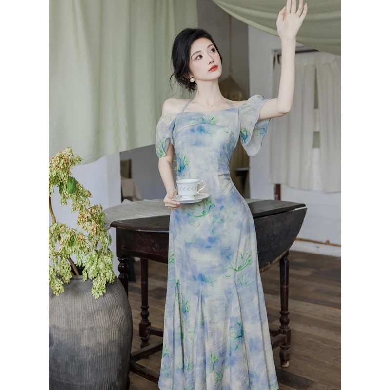 夏季女装新款茶歇法式桔梗复古吊带挂脖连衣裙长款超好看气质长裙