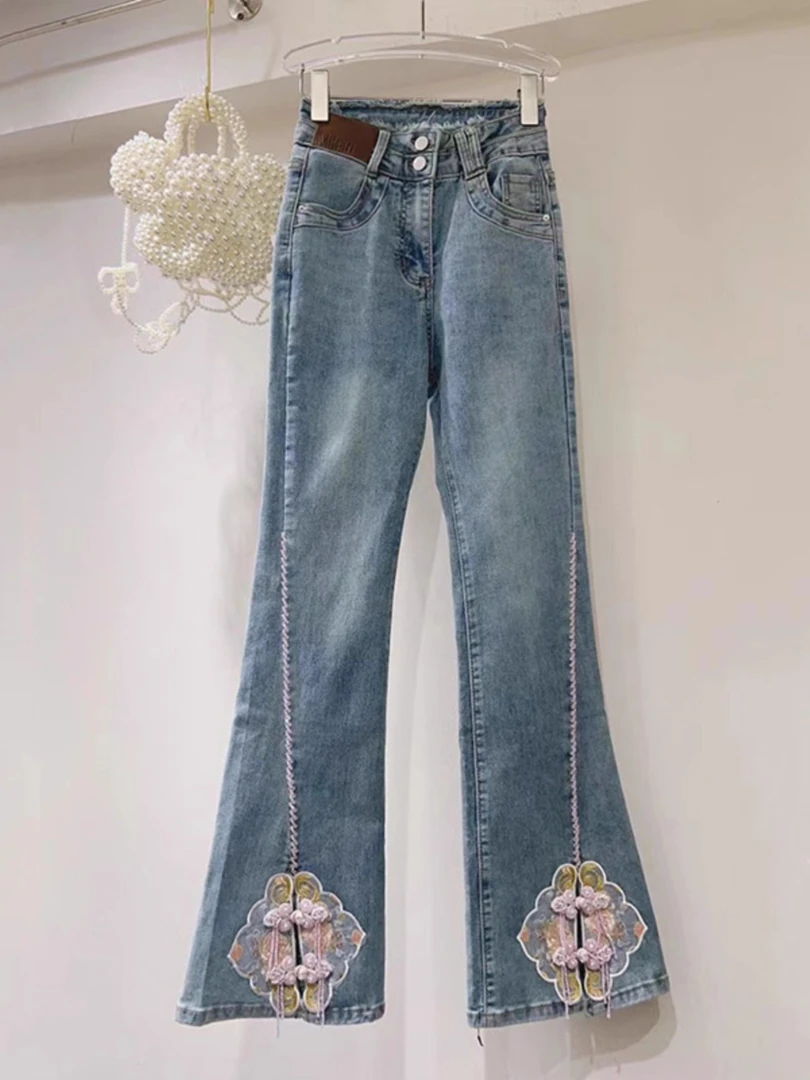 246025新中式国风盘扣印花牛仔裤新款高腰时尚洋气阔腿微喇裤女