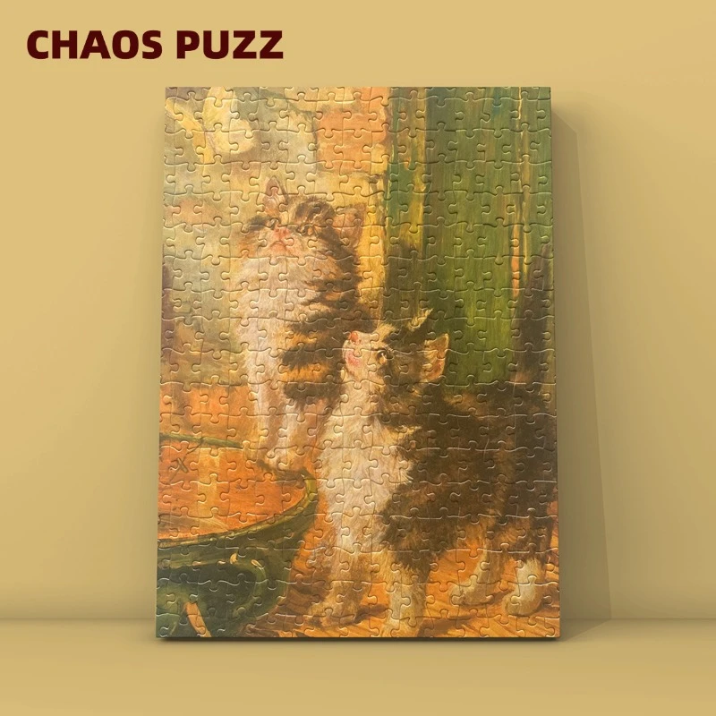 混沌拼图.《猫与蝴蝶》复古油画拼图300片珠光细闪蓝卡纸质治愈