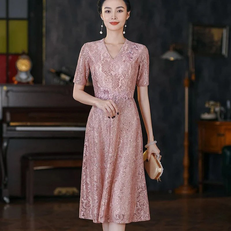 小个子新款轻奢爆款蕾丝裙喜妈妈优雅气质礼服生日宴会连衣裙高贵