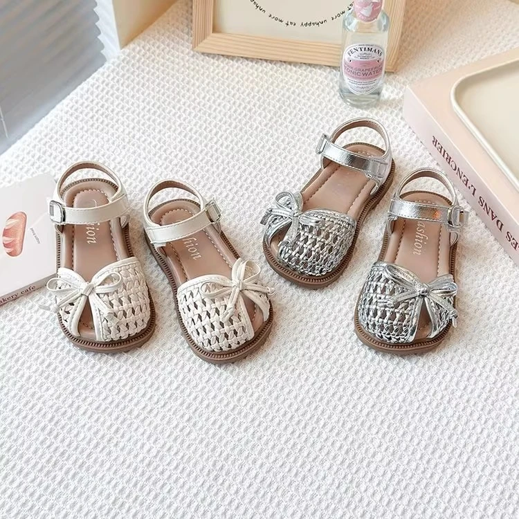 2025夏季新款女童蝴蝶结包头编织镂空凉鞋女孩软底洋气时装公主鞋