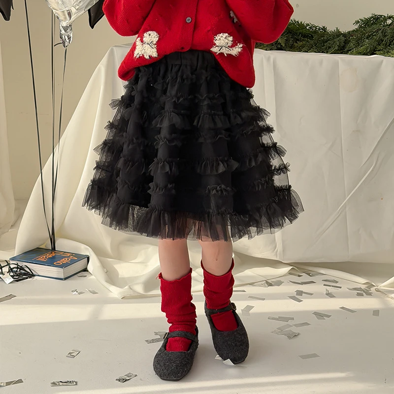 【新款】女童冬公主裙子儿童层次感仙气蓬蓬米兰网纱半身裙25M049