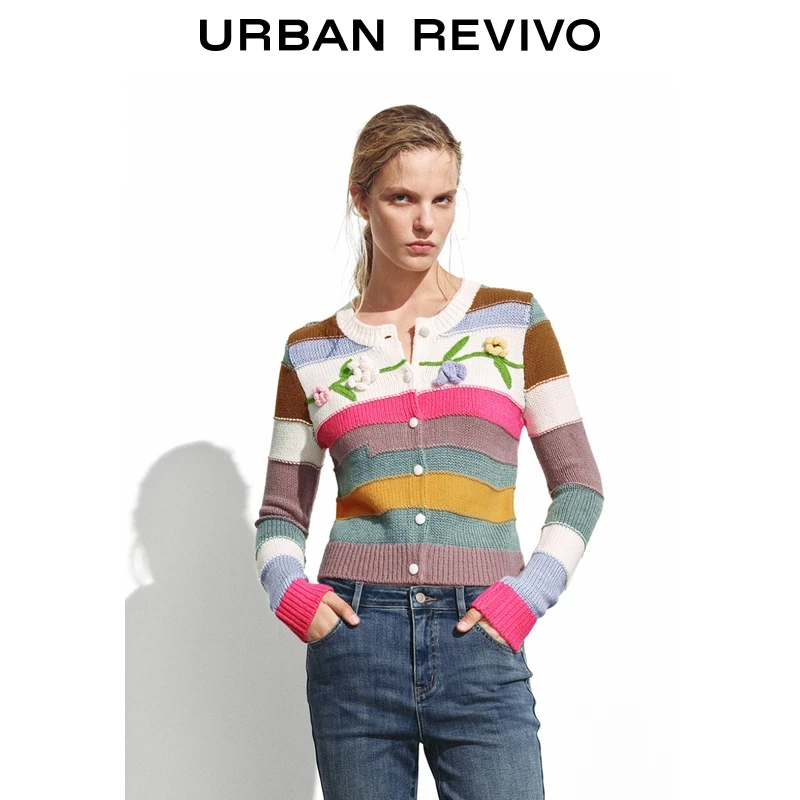 UR2025秋季新款女多巴胺撞色条纹立体花朵针织开衫UYL950211+
