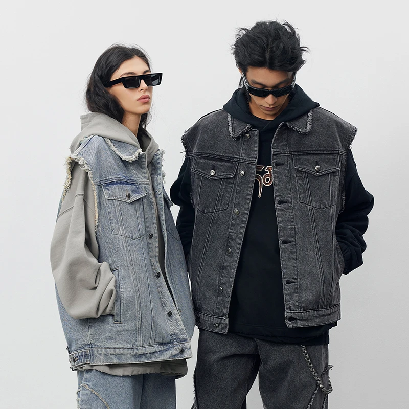 CHINISM赤尘 藏源系列 CH复古毛边牛仔马甲1054