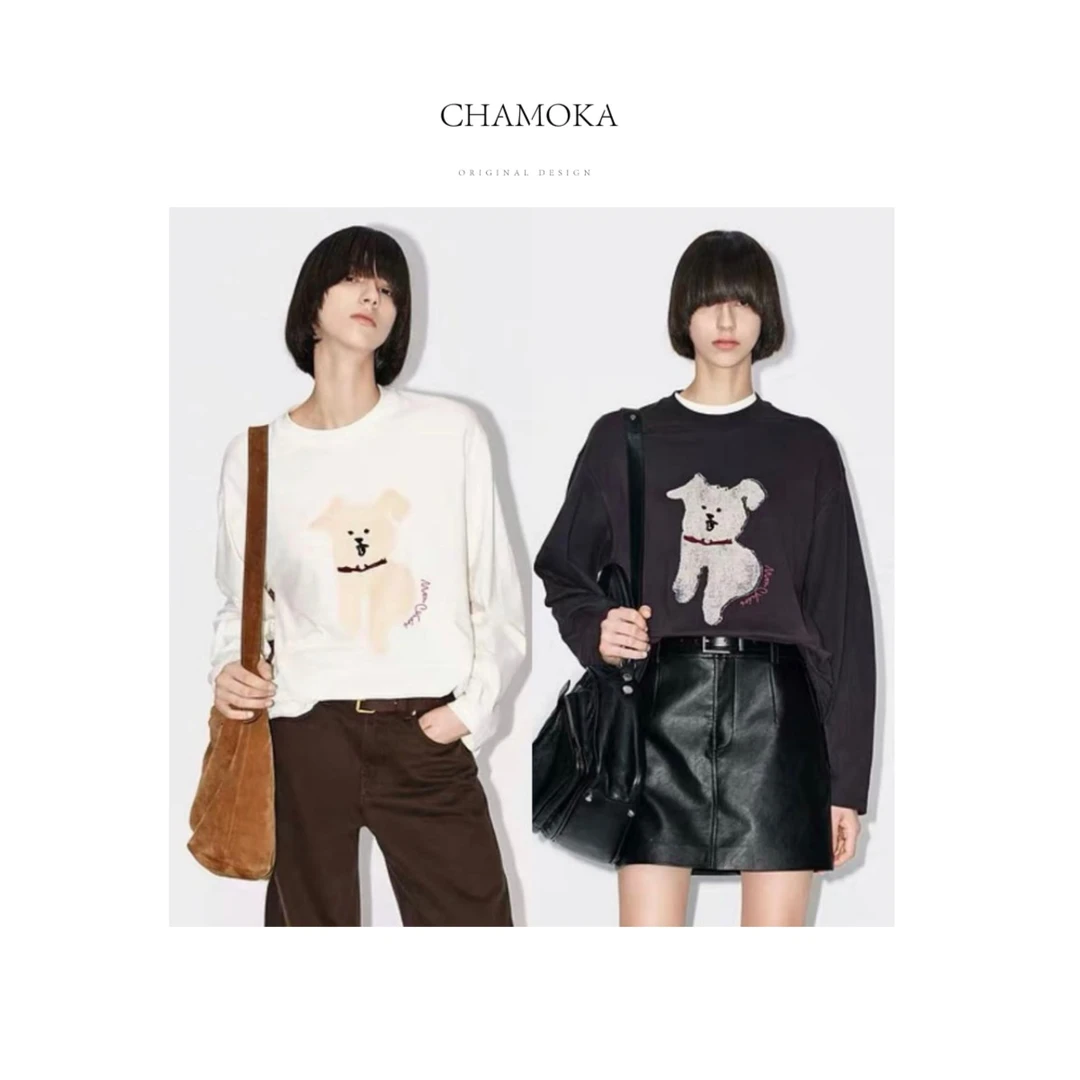 【周日专场】时尚百搭显瘦M家磨毛抽象小狗长袖H028