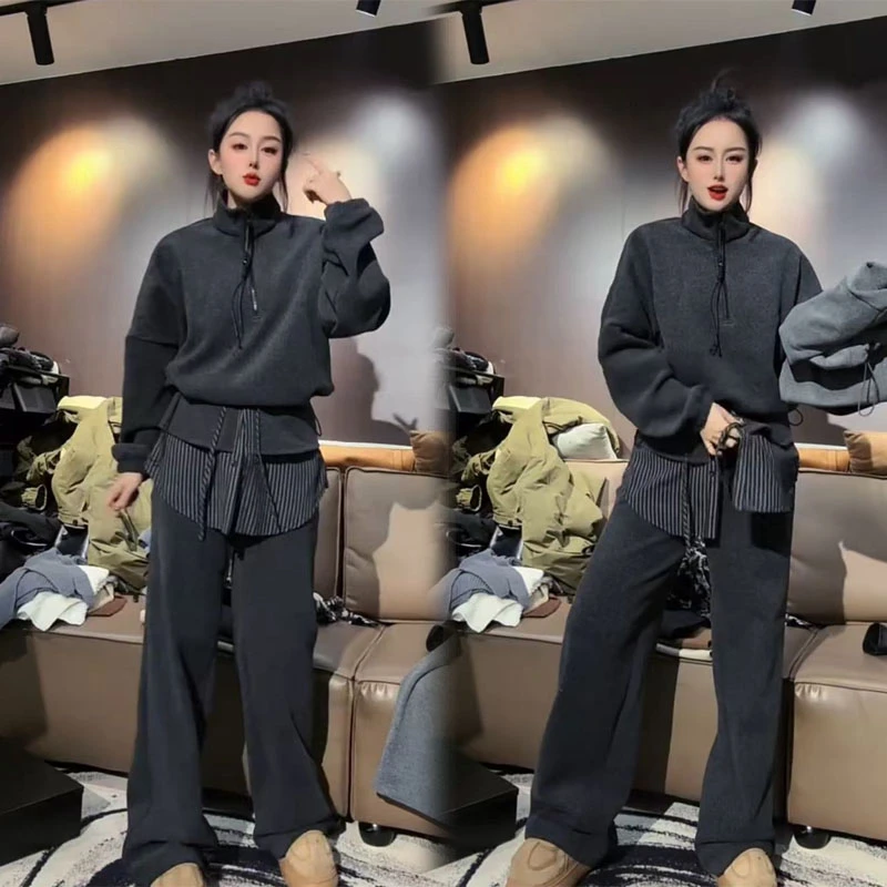 慵懒风假两件抽绳收腰立领卫衣套装女冬加绒阔腿裤两件套极简穿搭
