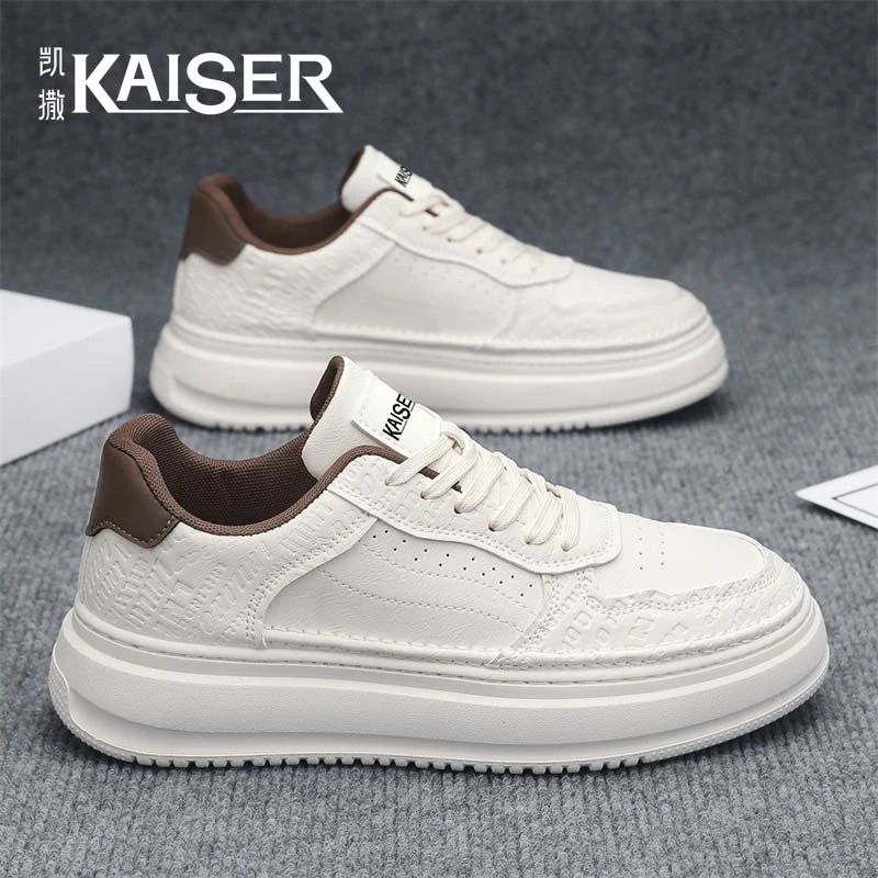 凯撒男鞋新款舒适厚底耐磨休闲板鞋皮面防滑运动鞋男士透气小白鞋
