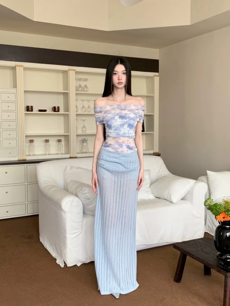 一字肩性感蓝色蕾丝抹胸连衣裙女夏季出游海边度假收腰包臀裙长裙