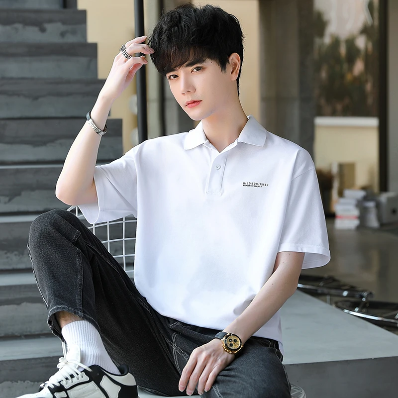 2025夏季新款青少年翻领POLO衫初中生美式潮牌短袖宽松男生上衣