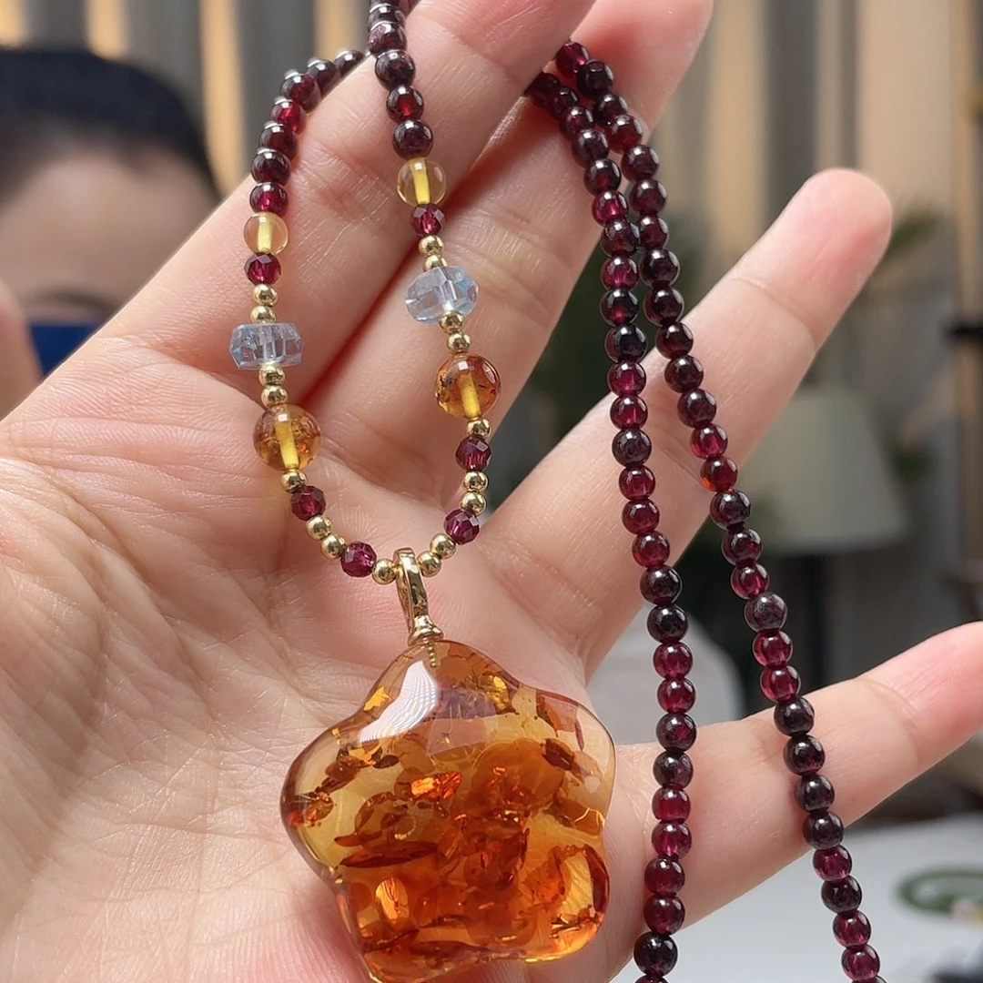 银S925镀金镶嵌琥珀裸石琥珀吊坠