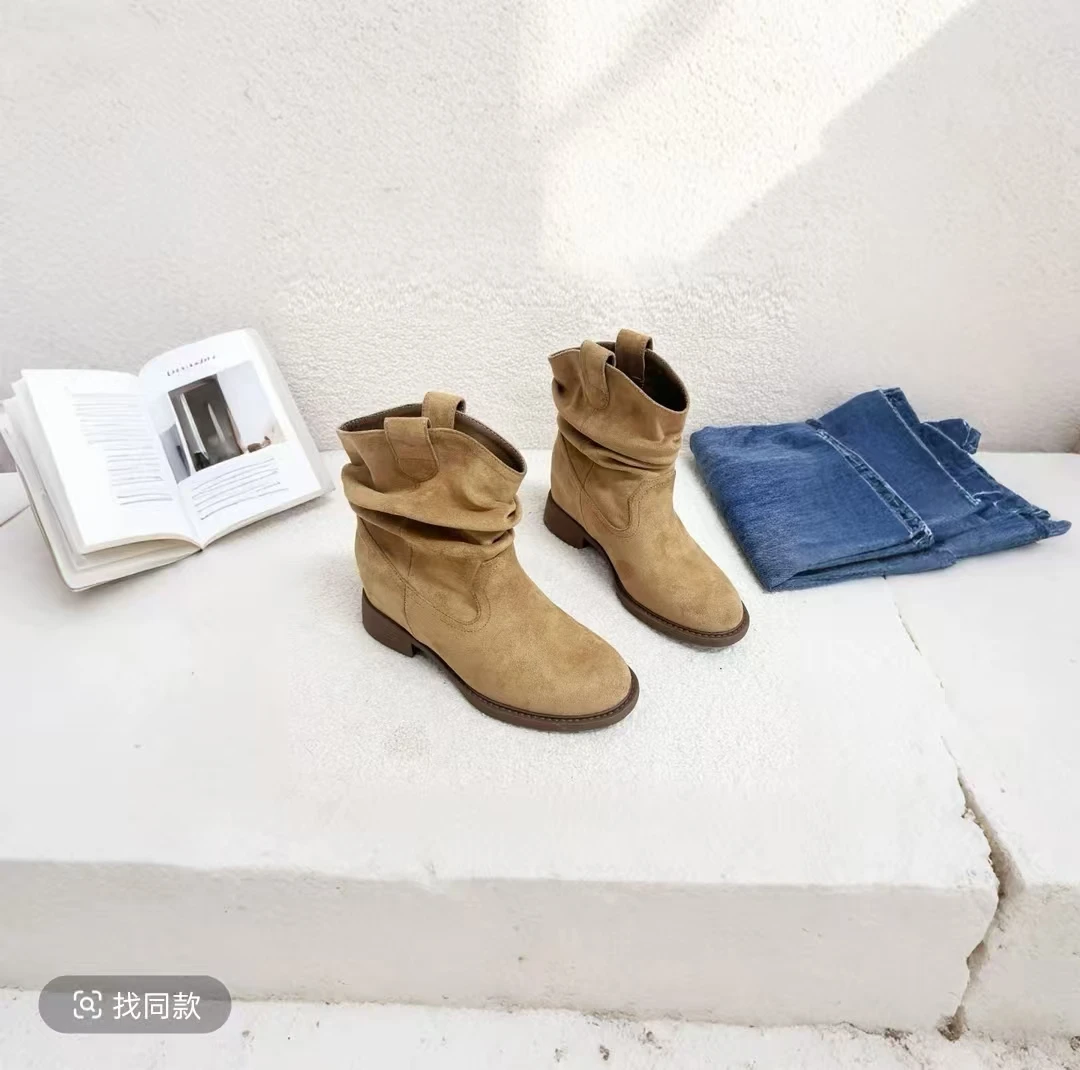 平底内增高8cm美拉德V口堆堆靴女中筒显瘦褶皱复古女靴5