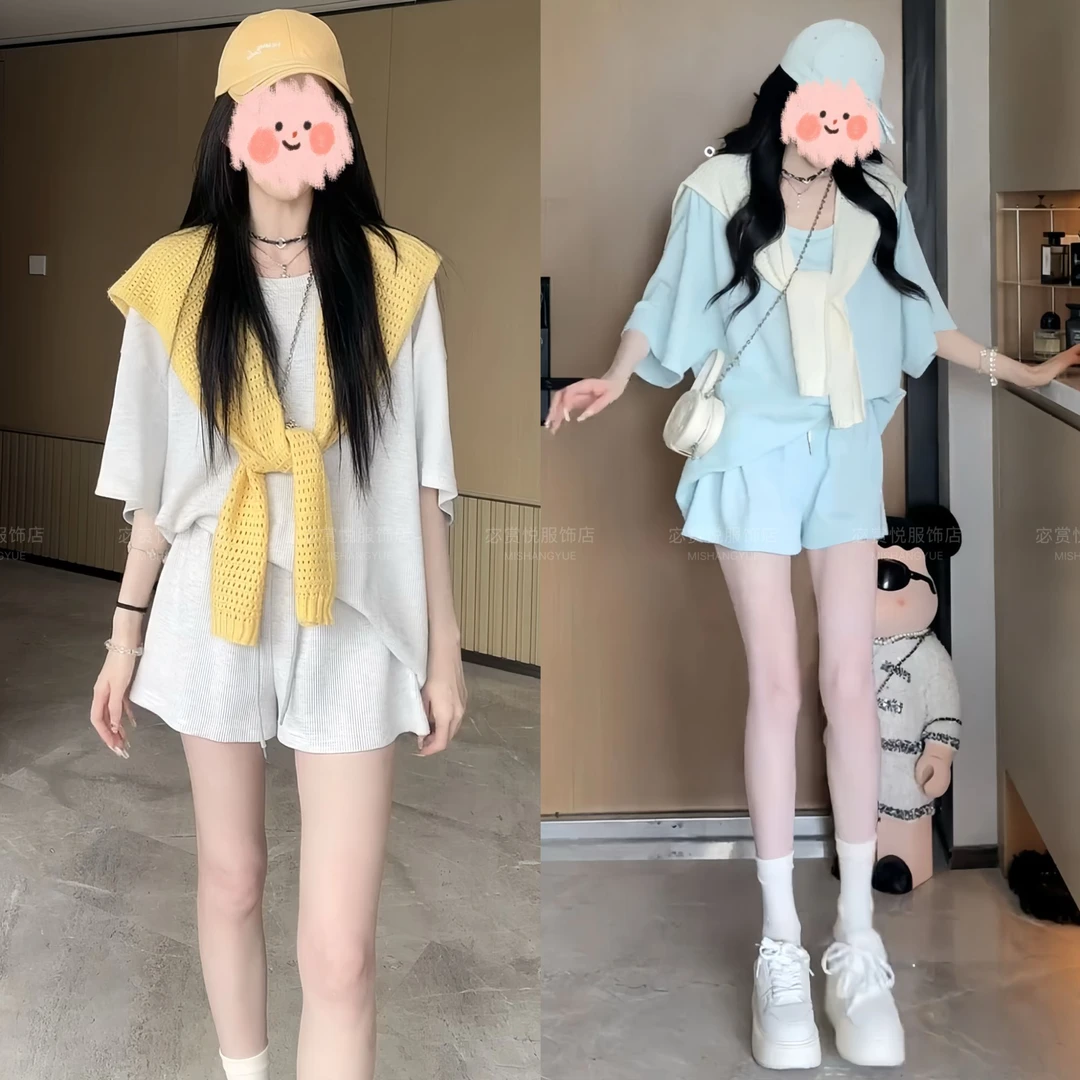 2025时尚休闲韩版显瘦两件套减龄女夏季新款慵懒宽松T恤+短裤套装