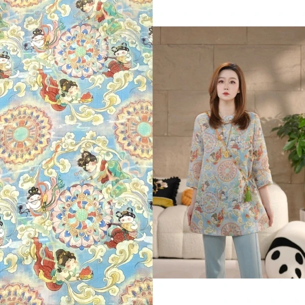 Miss.Z【飞天小仙女】新中式苎麻印花立领盘扣衬衫#c6039