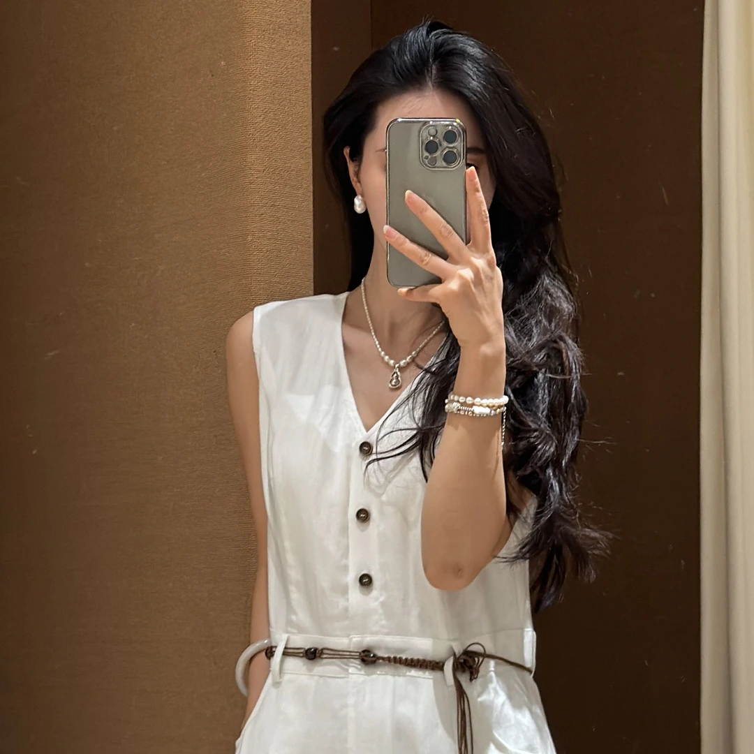 栀子花白～无袖气质亚麻腰带白色连衣裙显瘦长裙