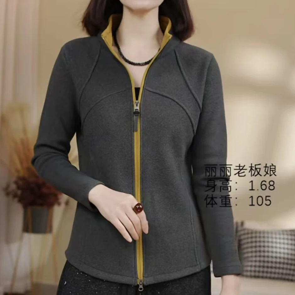 393#小蛮腰拼色立领加绒加厚短外套运动百搭秋冬女士显瘦拉链开衫