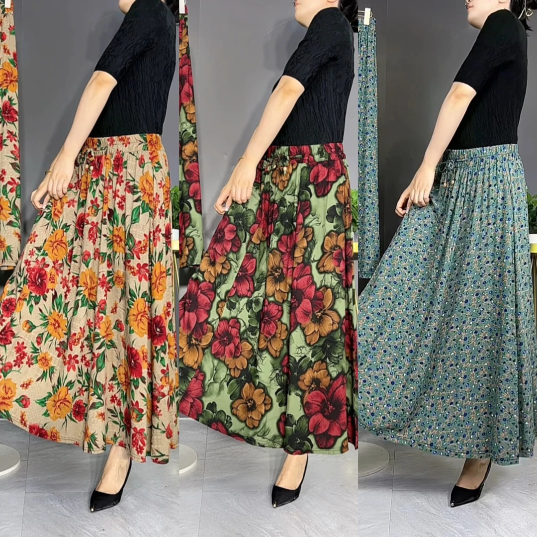 （带口袋）夏季薄款垂感大摆裙松紧腰显瘦百搭翠绿色碎花宽松半身裙