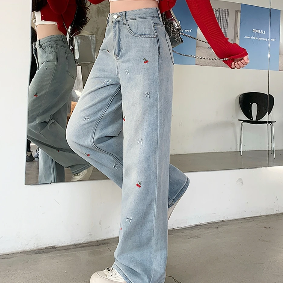 JJ65519专享春秋胖mm大码女刺绣直筒阔腿牛仔裤高腰垂感拖地长裤