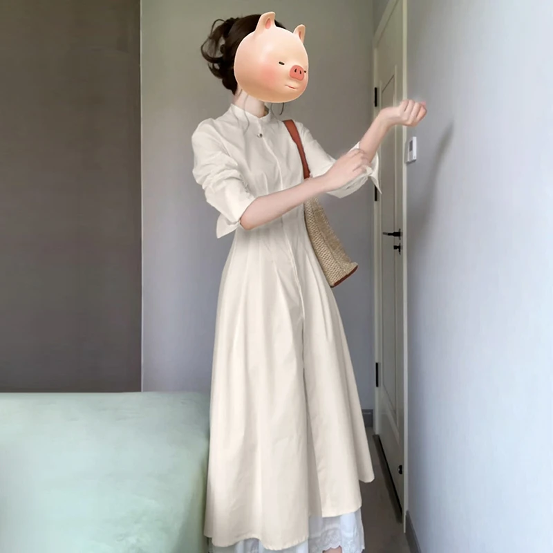 5877入春穿搭气质长袖衬衫连衣裙子早春季新款女小个子高级感长裙