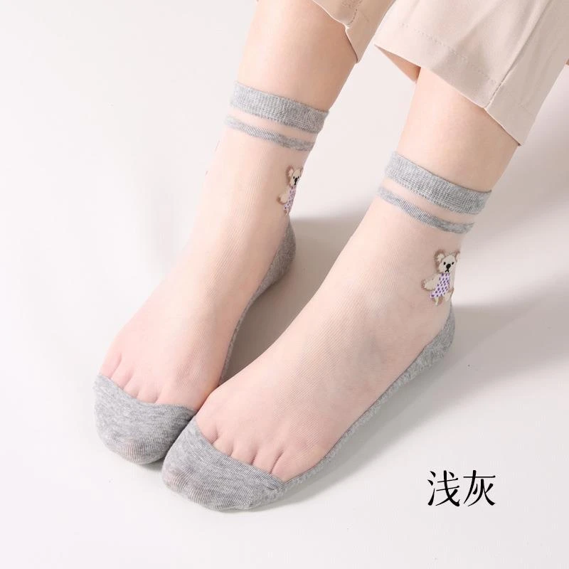丝袜女春夏薄款卡通冰丝中筒纯棉底透明短袜妈妈防勾丝水晶玻璃丝