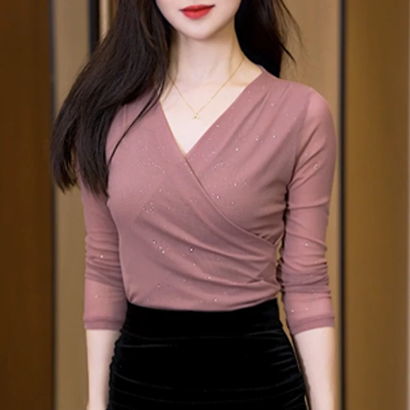 粉色时尚V领内搭打底衫女春秋款欧货时髦洋派小衫网纱长袖T恤上衣