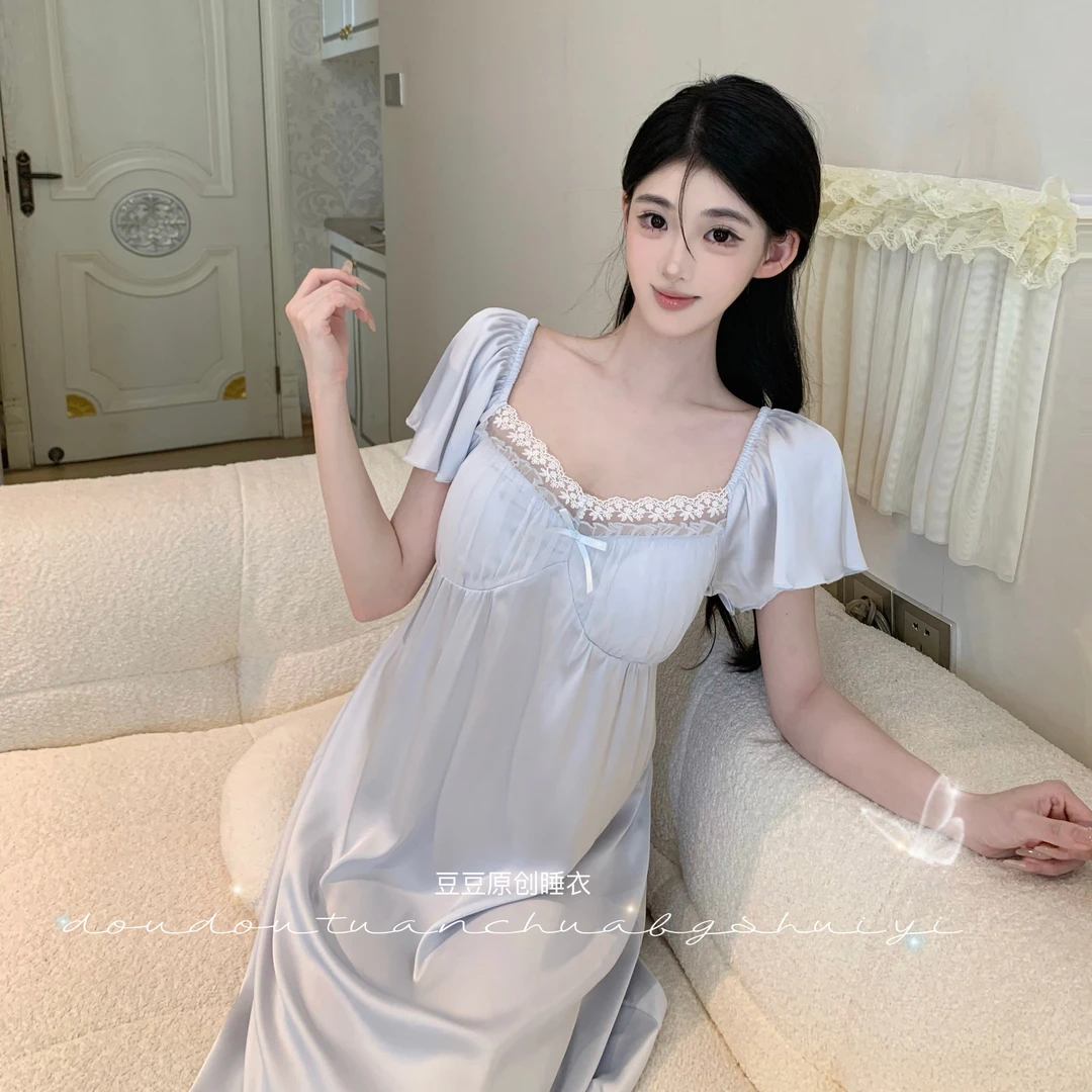 豆豆【珊瑚海】柔光丝短袖睡裙高腰显瘦夏季显高显白睡衣女