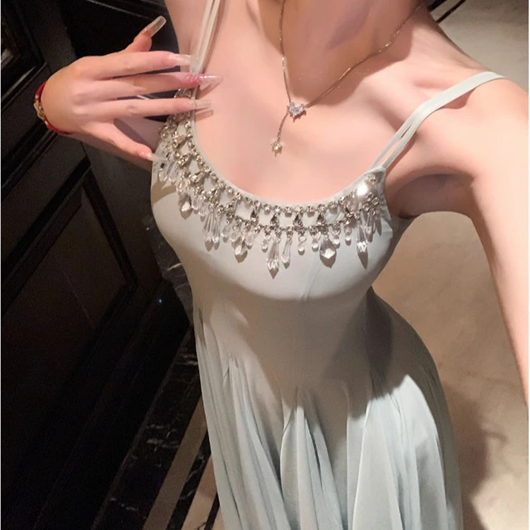 夏季修身水晶钻链网纱大摆吊带长款连衣裙子甜美性感裙子高级感