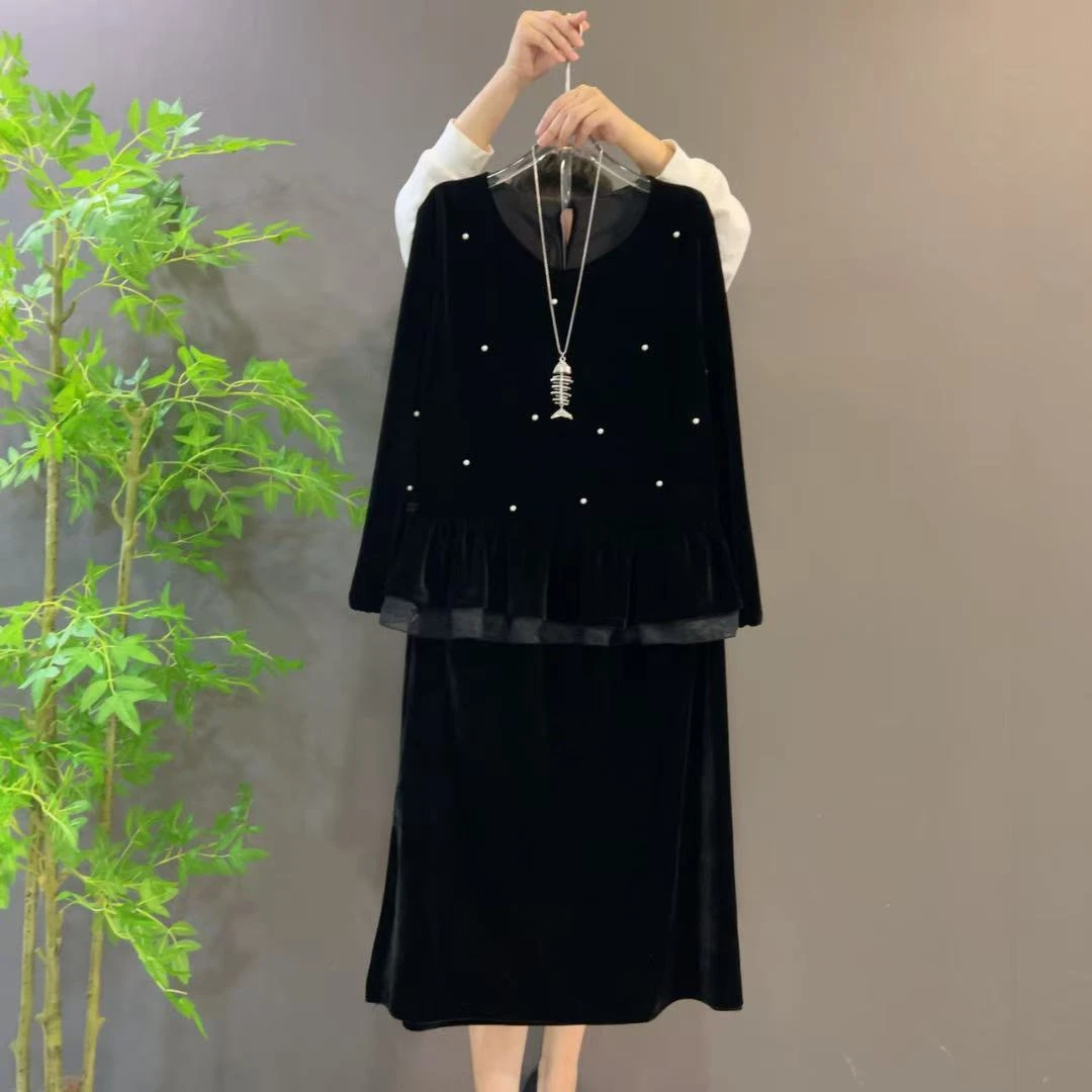 9270秋季新款重工钉珠荷叶边丝绒上衣+半身裙两件套大码女装显瘦